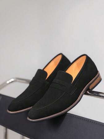 Men's Navy Blue Suede Loafers, Business Casual Slip-On Shoes, Classic Penny Strap Dress Shoes, Versatile For Spring And Autumn