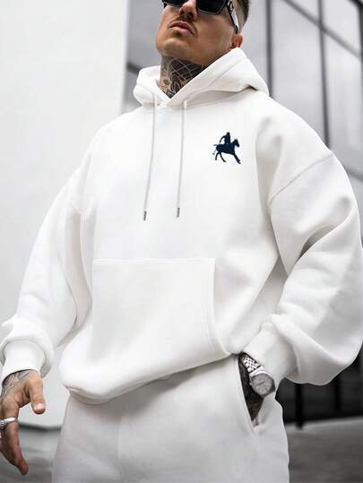 بلوزة رياضية كاجوال للرجال بغطاء رأس وسحاب، طباعة شعار فارس بسيط، قطن فليس، خريف/شتاء