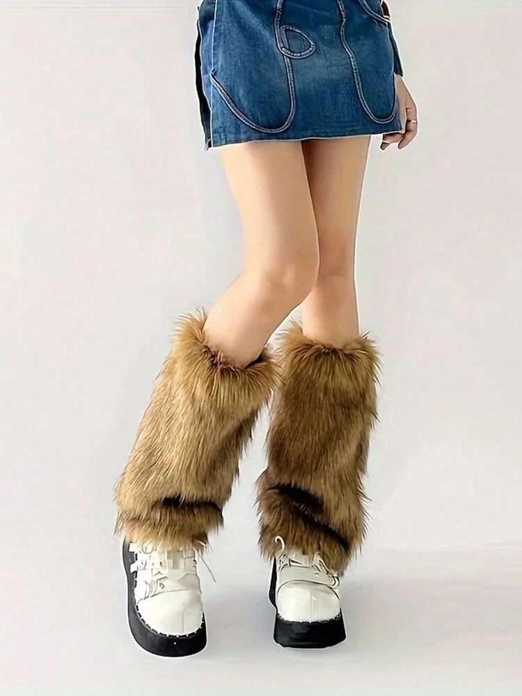 1双毛绒腿套，Y2K复古摩登辣妹仿皮草靴套，欧美显瘦毛绒套，适合日常穿着，舒适保暖 - 棕色 - 查看 6