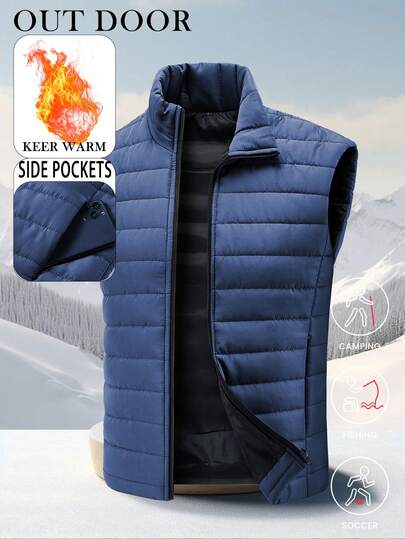 Outdoor Sports Thick Vest For Men, Spring Autumn Casual Sleeveless Stand Collar Gilet Jacket