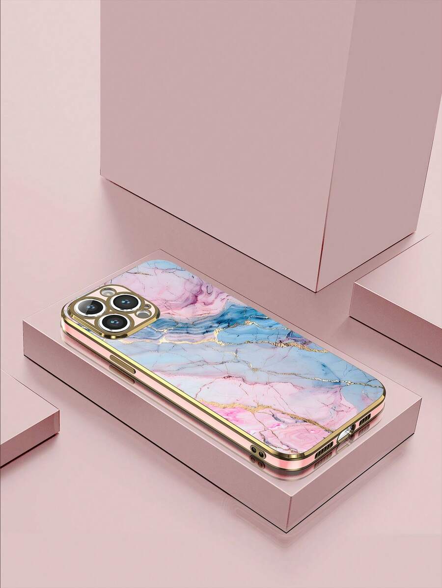 1 pieza Funda de teléfono a prueba de golpes con patrón de mármol rosa electrochapado 6D, compatible con Apple y otros teléfonos inteligentes, compatible con iPhone, teléfonos Android como - Multicolor - Ver 1