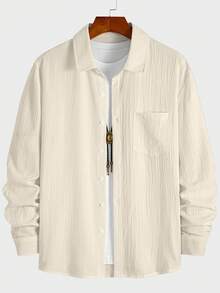 Men Breathable Casual Textured Fabric Solid Color Lapel Button-Up Long Sleeve Pocket Design Loose Thin Shirt, Paired With Solid Color Pants, Ideal For Outings And Commuting, 2 Pieces Set, Fall Clothes - Apricot - View 3