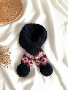 1 件儿童交叉挂球针织围脖，时尚男童秋冬围巾，婴儿围脖保暖