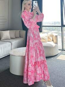Patterned Belted Hijab Long Dress Pink 525-1 - Pink - View 1