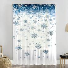 1PC Blue Snowflake Christmas Sheer Curtain, Gradient Snowfall Design, Light Filtering, Voile, Festive Home Rod Pocket Window Decor. - Multicolor - View 2