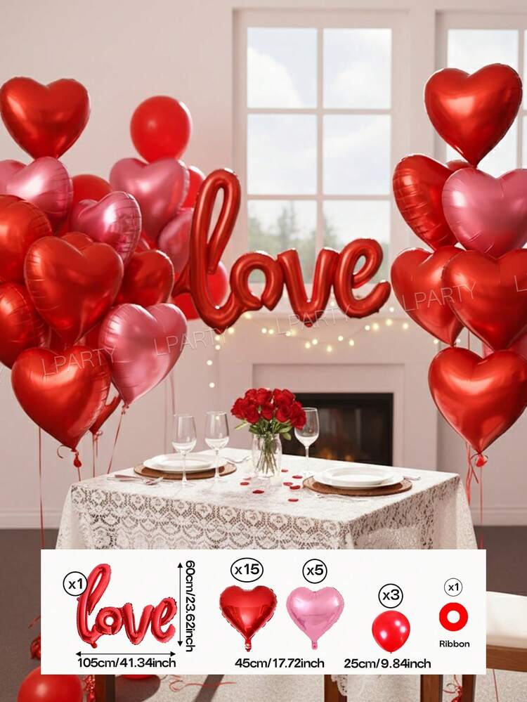 24个/套巨型红色“LOVE”字母气球，情人节派对装饰，18英寸红色/粉色心形铝箔气球，10英寸红色乳胶气球，适合情人节惊喜礼物、装饰、求婚、订婚、表白、周年纪念、约会等场合。 - 彩色 - 查看 9