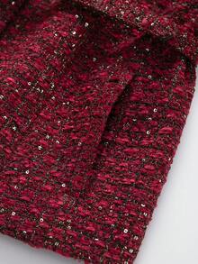 Women's Round Neck Single-Breasted Elegant Belted Tweed Short Sleeve Jacket - Red - View 6