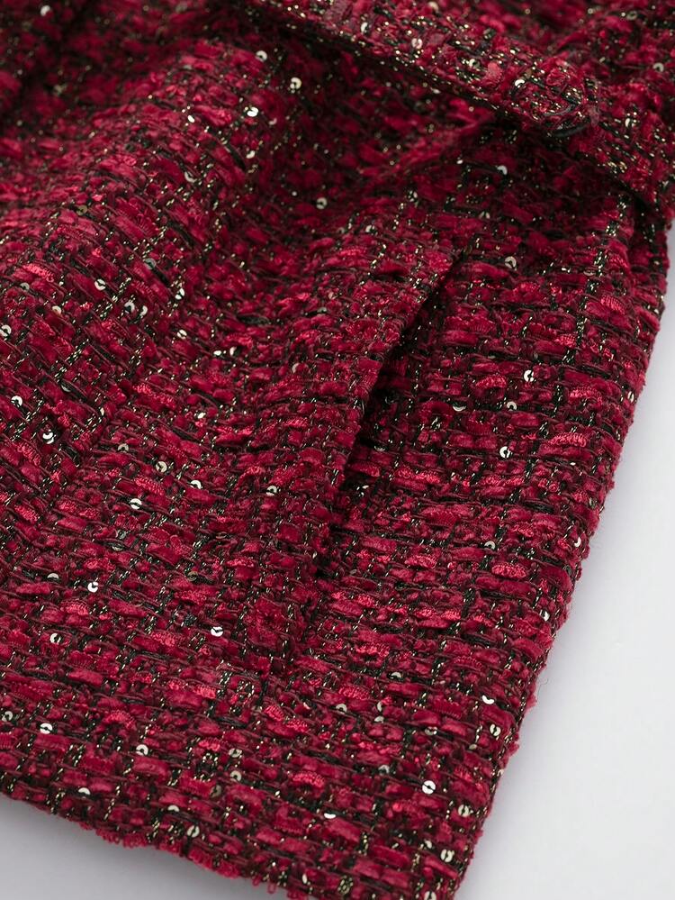 女士圆领单排扣优雅系带粗花呢短袖夹克 - 紅色 - 查看 6