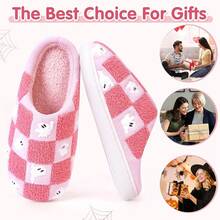 Cozy Plush Halloween Pumpkin Slippers, Non-Slip Fluffy Design - 粉紅色格子 - 查看 3