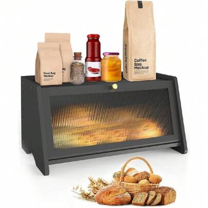 RETON Black Bamboo Bread Box For Kitchen Counters, Extra Large Bread Storage Bin With Clear Window And Vent Holes, Modern Farmhouse Bread Container For Homemade Bread, Toast And Pastries