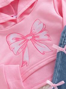 2-teiliges Set für Babymädchen: Süßer rosa Kapuzen-Sweatshirt mit Schleife & Träger-Top kombiniert mit Schleifenhose mit geradem Bein, modisches Outfit für Alltag, Outdoor, Schule, Pendeln, Urlaub, Fotografie