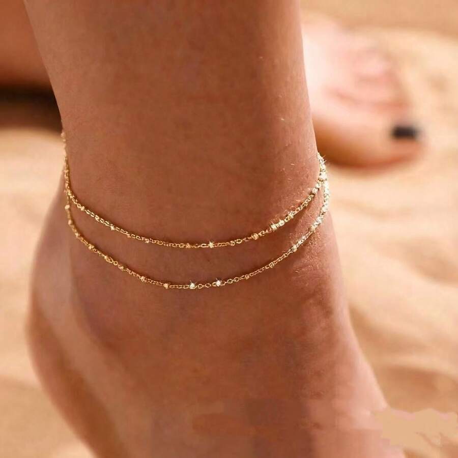 Gold Anklets For Women,14k Gold Plated Ankle Bracelets For Women Waterproof Satellite Anklet Set Gold Dainty Beaded Anklets For Women Cute Beach Anklet Gold Summer Jewelry For Women