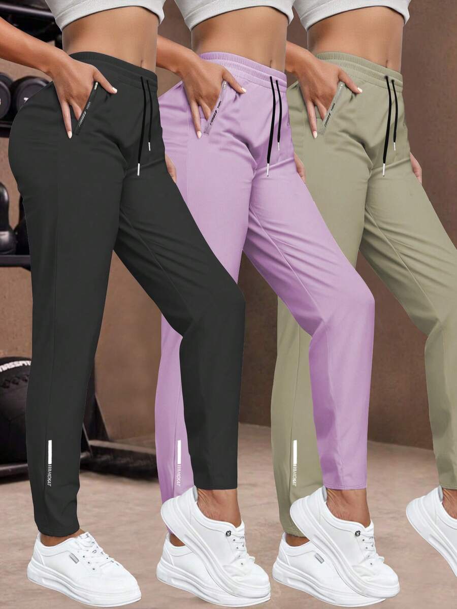 Women'S Casual Elastic Waist Drawstring Sports Pants, Suitable For Running, Yoga, Workout, Autumn/Spring Tights - Black - View 1