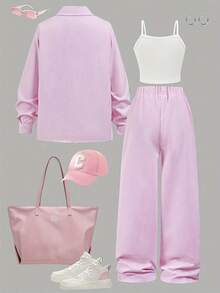 三件套优雅少女套装，包括粉色条纹外套、裤子和纯色吊带背心，时尚休闲运动风，适合日常穿着。 - 粉色 - 查看 2