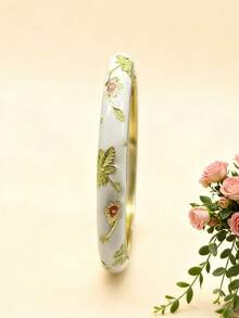 1 X Bohemian Style Women's White Enamel Bracelet Exquisite Floral Pattern Jewelry Gift Suitable For Daily Wear, Holiday Gifts