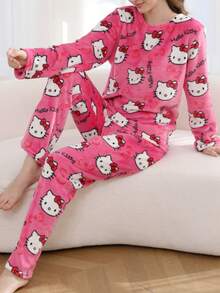 Sanrio طقم ملابس كاجوال لفتيات المراهقات مكون من ملابس علوية رقبة طاقم وبنطلون ناعم، طباعة رسوم كرتونية هالو كيتي، مناسب للشتاء