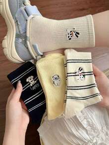 1/3/5/8 Pairs Cute Dog Print & Striped Casual Mid-Calf Socks, Healing Style, Spring/Summer/Autumn