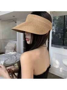 1pc Vintage Straw Hat, Foldable Brimless Boho Sun Hat, Fashion Sun Protection For Women