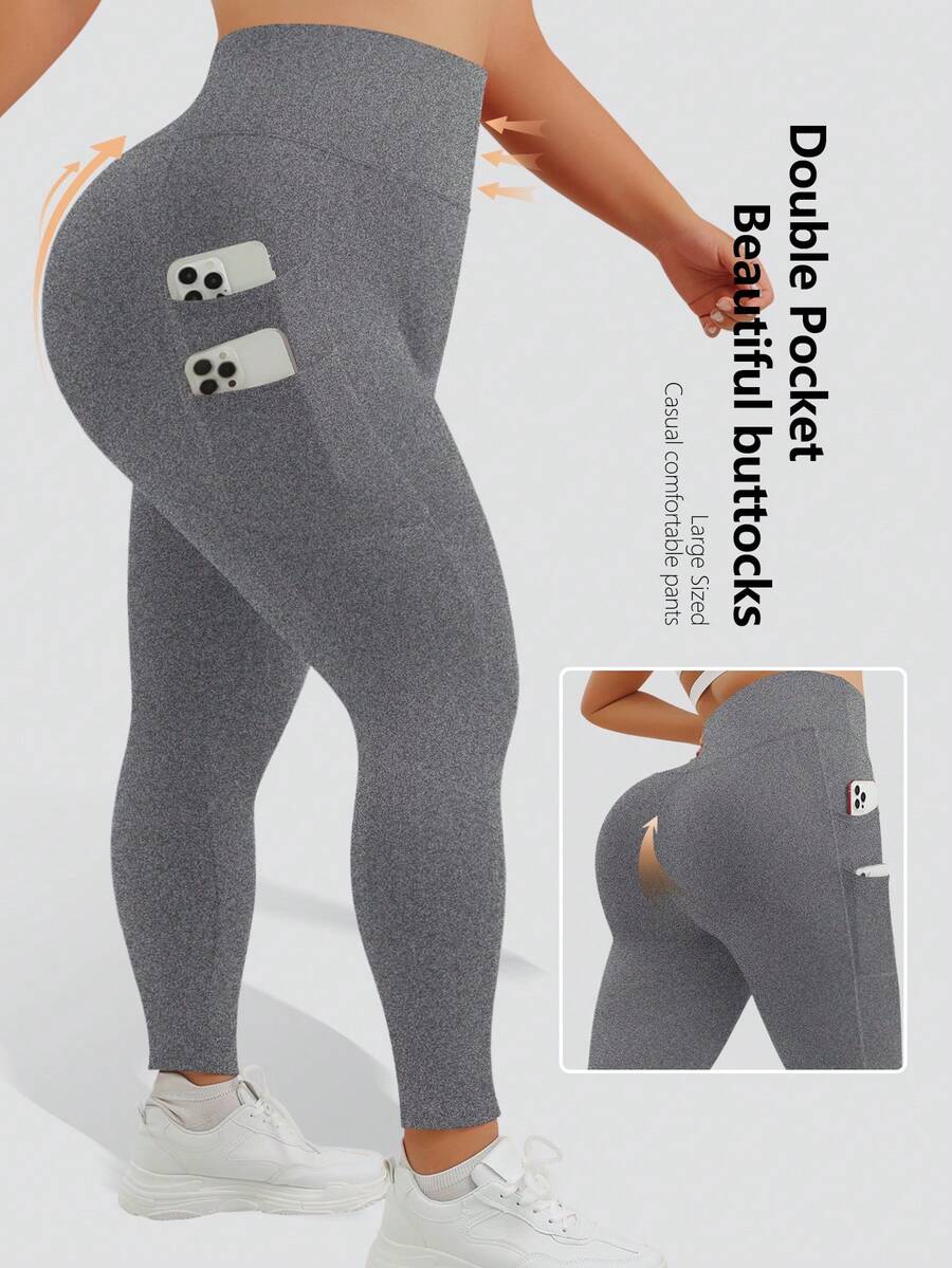 大码休闲运动瑜伽紧身裤，四口袋设计，修身剪裁，双层腰带，可折叠裤脚，适合春、夏、秋、冬四季穿着。 - 灰色 - 查看 1