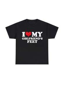 Funny "I Love My Girlfriend's Feet" &Amp; "I Love My Girlfriend" Cotton T-Shirt – Unisex Casual Tee - 黑色 - 查看 1