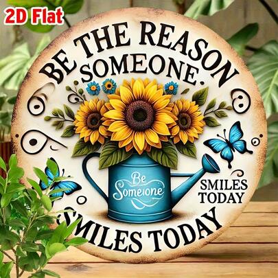1pc Vintage Farmhouse Style Sunflower & Blue Butterfly Round Metal Sign Plaque With Inspirational Quote "Become Someone" - Durable, Easy To Hang, Suitable For Home, Kitchen, Bar, Garden, Porch, Cafe, Farmhouse, Patio, Club, Garage Decor - Unique Gift Idea, Outdoor Decoration
