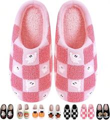 Cozy Plush Halloween Pumpkin Slippers, Non-Slip Fluffy Design - 粉紅色格子 - 查看 1