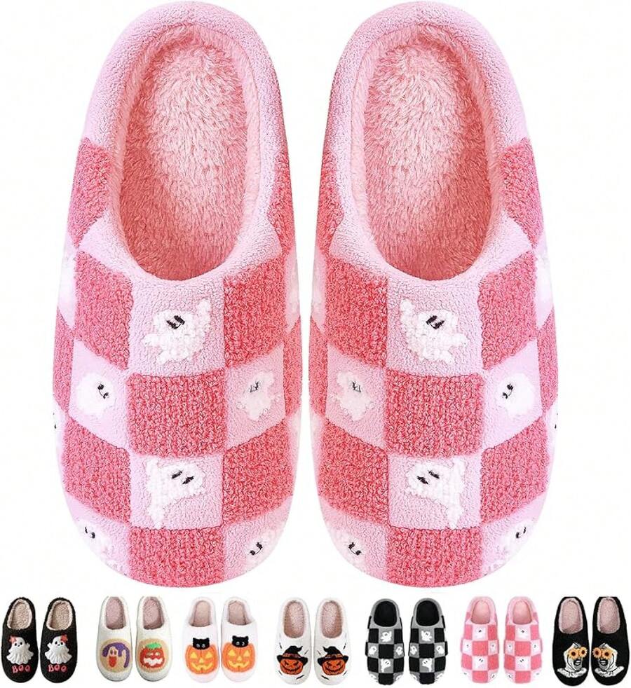 Cozy Plush Halloween Pumpkin Slippers, Non-Slip Fluffy Design - 粉紅色格子 - 查看 1