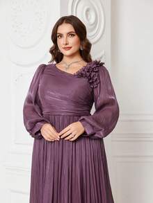 Vestido largo de noche, dama de honor, graduación o cena de mujer UNITHORSE Plus con cuello en V, mangas farol, unicolor, decoración de flores 3D - Morado - Ver 3