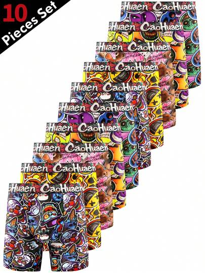 10pcs/Pack Men's Printed Graffiti Breathable Boxer Briefs