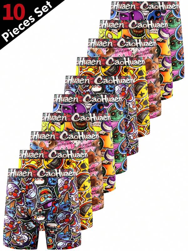 10pcs/Pack Men's Printed Graffiti Breathable Boxer Briefs