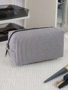 1pc Striped Makeup Storage Bag, Fashionable Striped Storage Bag, Large-Capacity Stationery Storage Pencil Case, Zipper Storage Makeup Bag, Convenient Toiletries Storage Bag, Dressing Table Makeup Brush Storage Bag