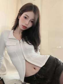 女士时尚双拉链长袖休闲T恤 - 白色 - 查看 4