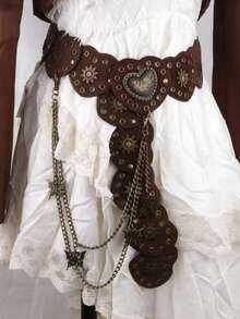 1pc Women's Retro Western Vibe Metal Patchwork Heart Shaped Waist Belt, Y2K Baddie Vintage Niche Aesthetic Leather Belt With Butterfly Chain Decor