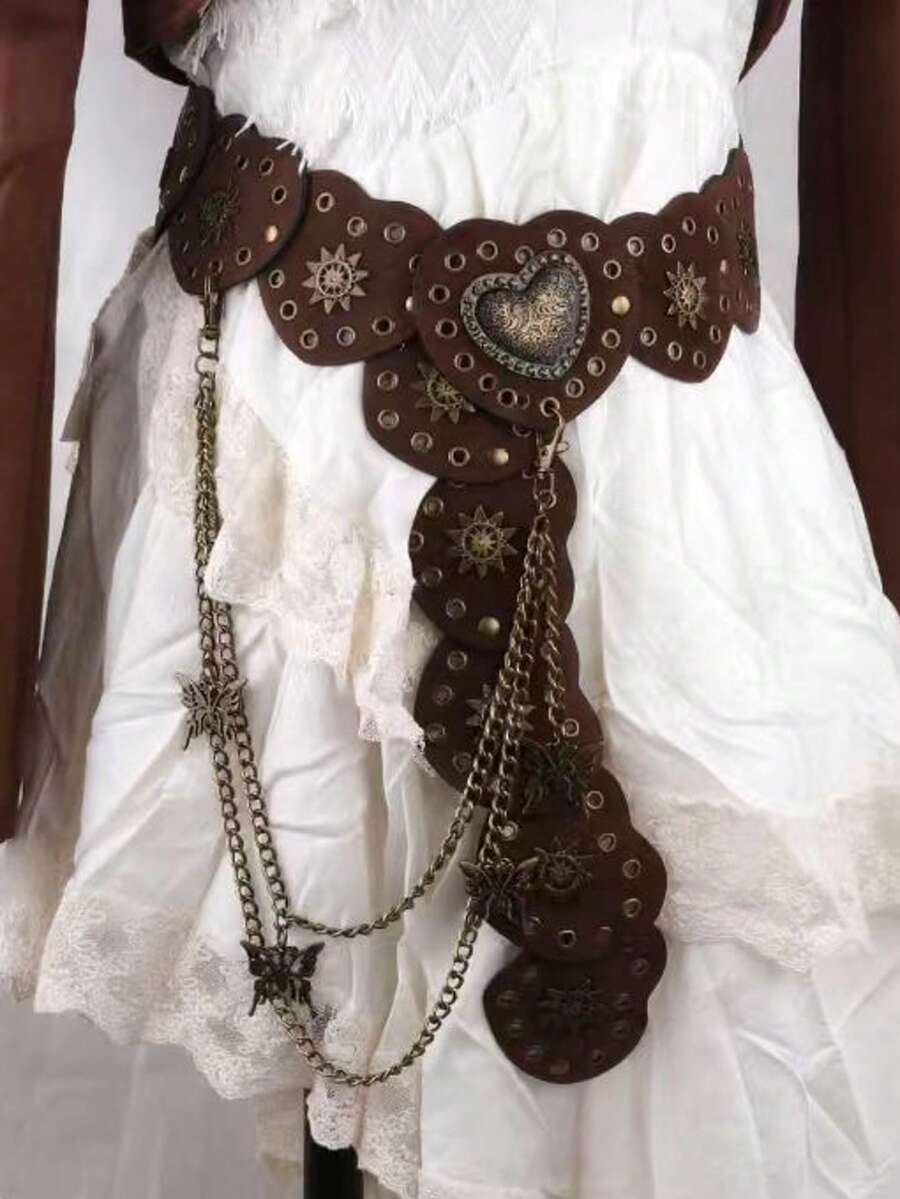 1pc Women's Retro Western Vibe Metal Patchwork Heart Shaped Waist Belt, Y2K Baddie Vintage Niche Aesthetic Leather Belt With Butterfly Chain Decor