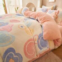 1pc Snowflake Fleece Floral & Heart Pattern Pink Duvet Cover, Warm Plush Comforter Cover For Bedroom, Suitable For Spring, Autumn & Winter - Multicolor - View 2