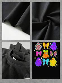 Camiseta casual de manga corta de verano con estampado de fantasmas y lazo para mujer, camiseta gráfica colorida y moderna, tela suave y cómoda, estilo moderno para damas, perfecta para uso diario, fiestas o vacaciones. - Negro - Ver 4