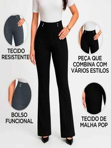 Pure Elegance Fashions Women's Flare Pants With Buttons Elegant Casual High Waist - 黑色 - 查看 4