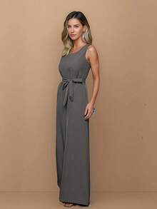 Elegant Linen Pantaloon Jumpsuit With Wide Legs And Discreet Pockets. TAILORED OVERALL WITH POCKET AND BELT. - Dark Grey - View 5