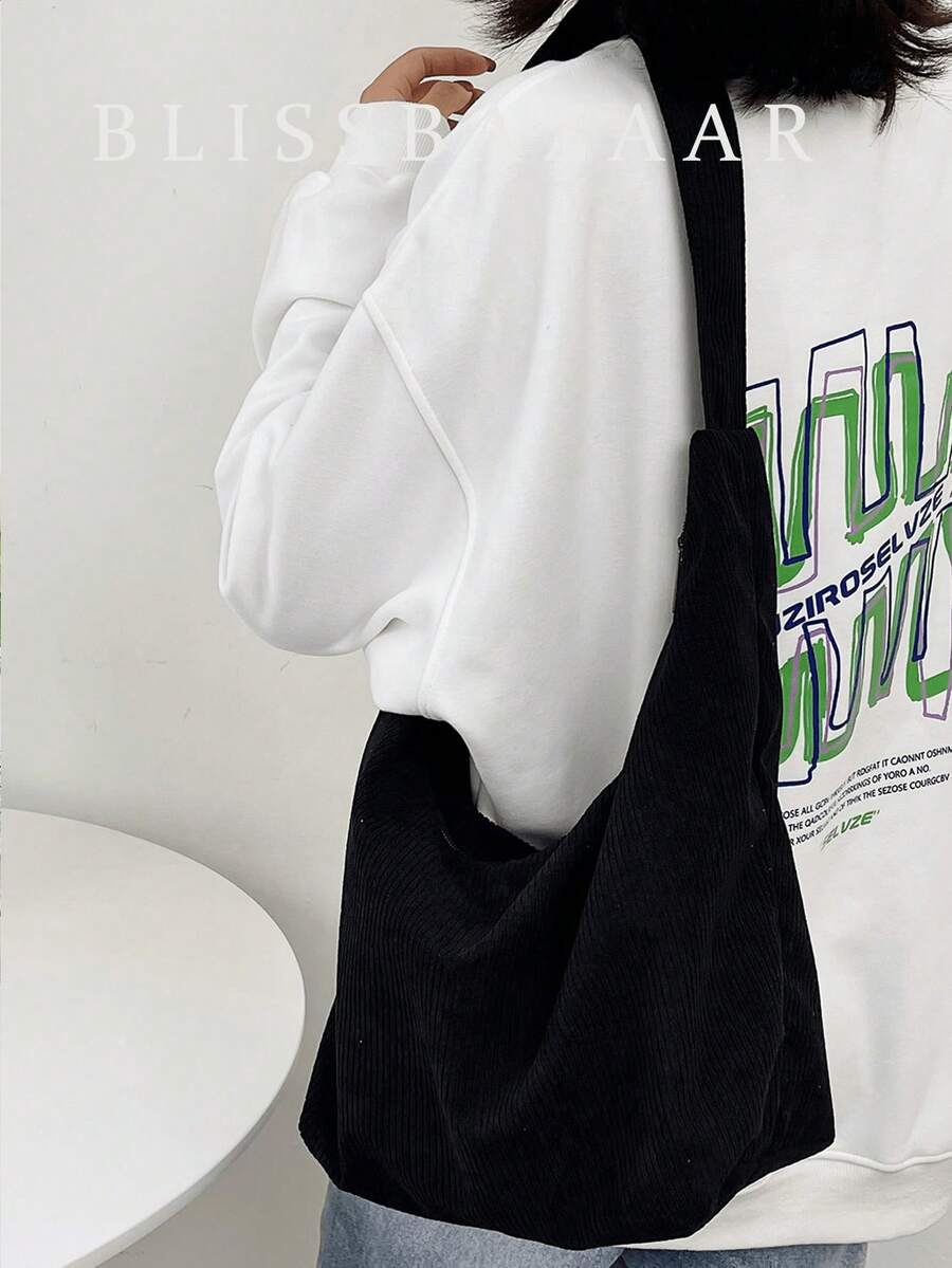 Túi đeo vai nhung kẻ trơn màu Leisure, Túi đeo chéo thời trang thường ngày cho đi làm hàng ngày, Túi xách nữ mùa thu đông mới, Ví mùa thu đẹp nhất - màu đen - Xem 1