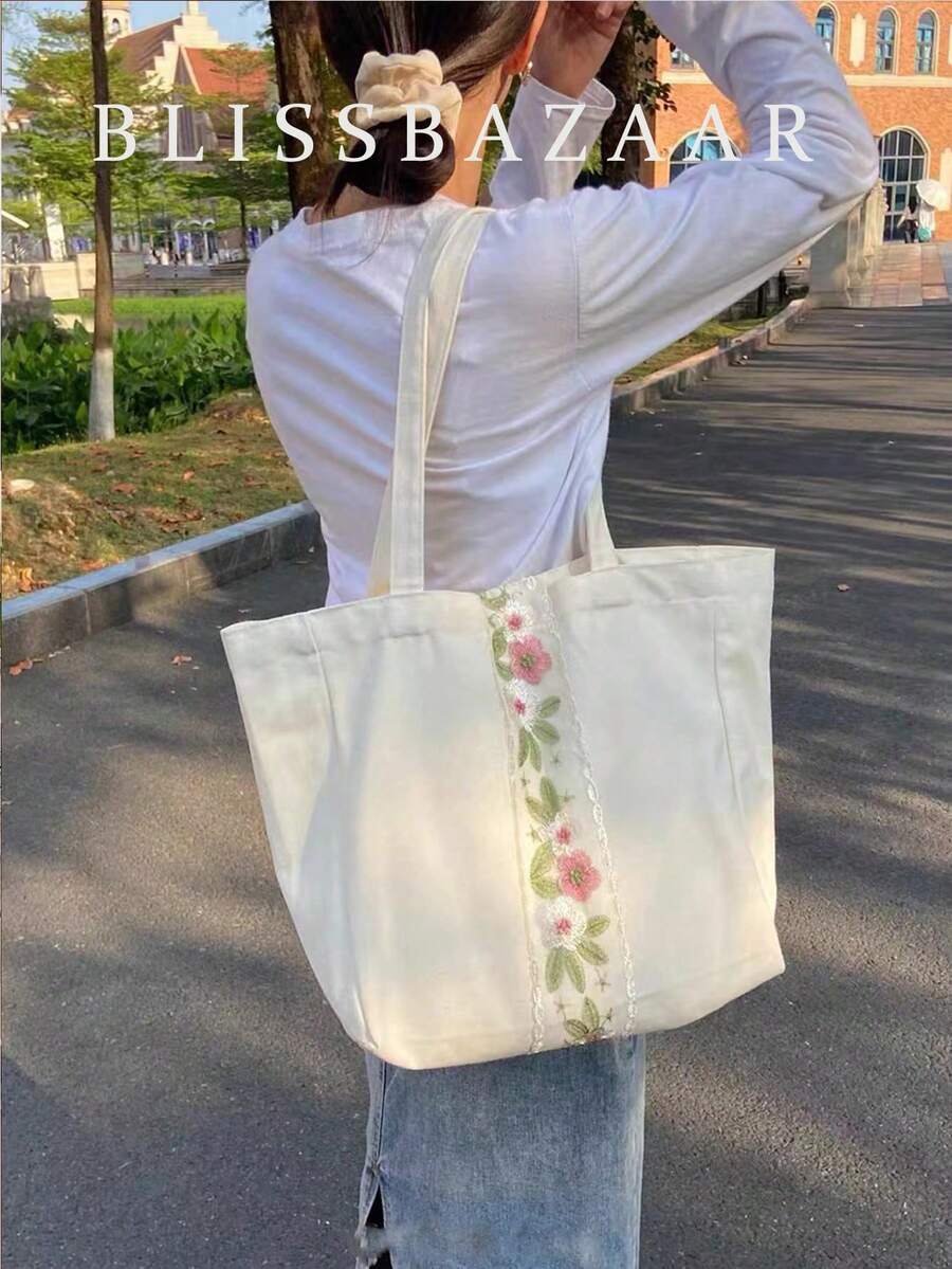 1pc Plain Embroidered Canvas Bag For Women, Large Capacity Shoulder&Handbag For School, Travel, Vacation, Wedding, Etc. - Beige - View 1