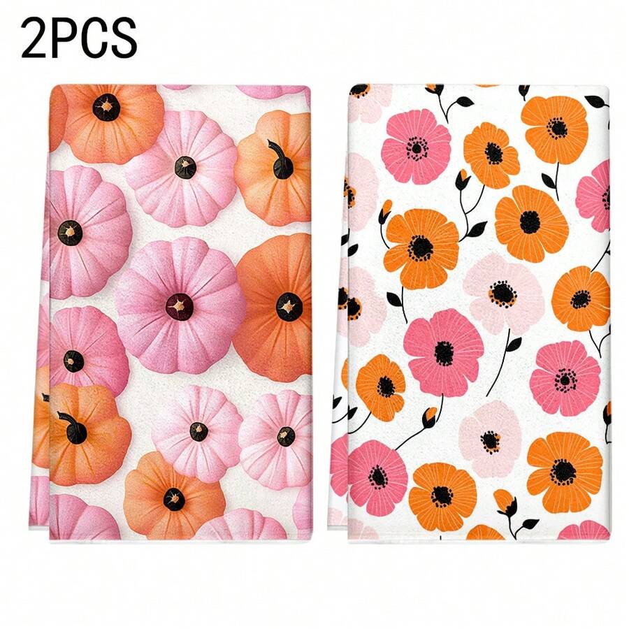 Set de prosoape de bucătărie cu imprimeu floral și dovleac de toamnă pentru Ziua Recunoștinței, 2 buc/100 buc, potrivit pentru restaurant, bucătărie, decorare interioară baie, decorare petrecere, cadou de sărbători, poate fi oferit ca și cadou de Ziua Recunoștinței