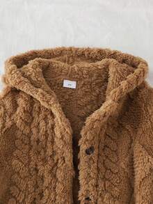 3pcs Girls Casual Fluffy Hooded Long Sleeve Jacket, Solid Color Long Sleeve Top And Pants Set, Autumn/Winter - Coffee Brown - View 3