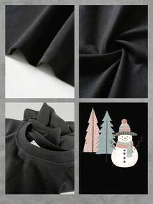 Camiseta con estampado de muñeco de nieve caprichoso y bosque perenne para mujer, camiseta de manga corta cómoda y suave para celebraciones festivas. - Negro - Ver 4