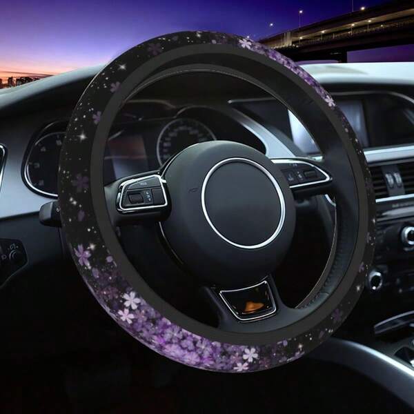 غطاء عجلة القيادة الوردي/البنفسجي المزين بالبريق - يناسب عجلة قيادة بقطر 15 بوصة - قبضة لا انزلاقية، غطاء عجلة قيادة بسيط، اكسسوارات داخلية للسيارة، غطاء عجلة قيادة السيارة، اكسسوارات سيارات للنساء