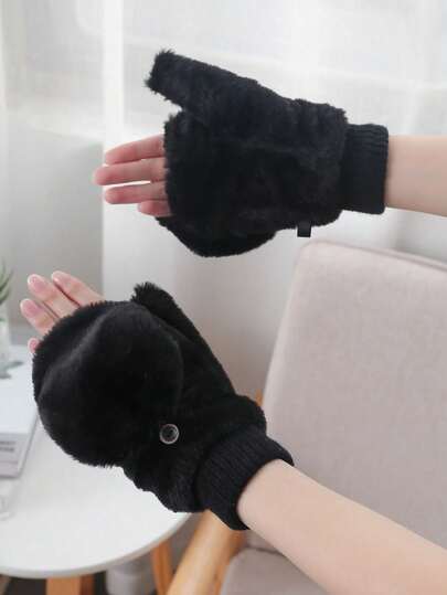 1 Pair Ivory Women's Fingerless Gloves, Thermal Lined Warm Winter Gloves With Flip-Top, Suitable For Daily Use In Winter