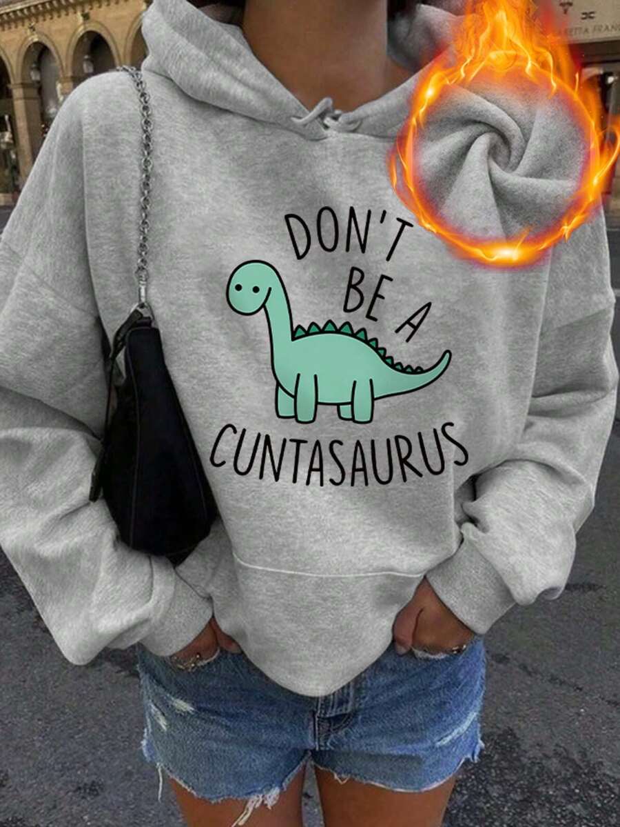 Cartoon Dinosaur Pattern Print Sweet And Gentle Temperament Fall Clothes Plus Size, Autumn And Winter Women's Plus Size Casual Dinosaur Pocket Drawstring Hoodie Fall Tops Women, Women's Fall Plus Size Clothes