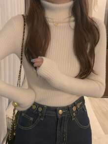 Áo len dài tay cổ lọ màu trơn đơn giản dành cho nữ, mùa thu/đông - Màu be - Xem 6