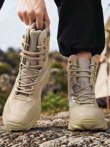 男士登山靴2025新款厚底防滑耐磨高帮圆头系带舒适男士高帮牛皮网布透气舒适男靴，男士户外摩托车骑行鞋，舒适男靴，尺码最大可达47