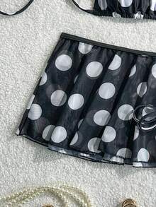 Bộ đồ 3 món gợi cảm, thanh lịch, tối giản dành cho nữ, gồm áo bikini buộc dây cổ in chấm bi toàn thân và chân váy đính cườm, trang phục dự tiệc đi biển, bộ đồ nghỉ mát mùa xuân/hè mới về. - màu đen - Xem 5