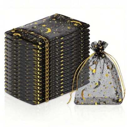 30 件/50 件/100 件月亮和星星印花抽绳欧根纱袋，礼品包装袋（黑白可选），DIY 礼品袋，适用于化妆品、生日、珠宝、婚礼新娘回礼、纪念品、情人节、圣诞节、复活节、毕业典礼、返校、感恩节、节日派对，3.5x4.7 英寸（9x12 厘米）